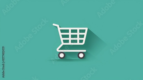 White shopping cart icon with shadow on teal background.