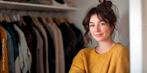 Smiling young woman in a cozy yellow sweater standing near an organized wardrobe with hanging clothes, creating a relaxed and minimalist home atmosphere photo