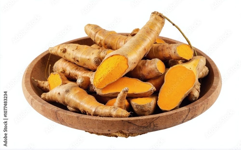 Top View of Turmeric Root Collection: Slices Revealing Lively Orange Color in a Decorative Bowl Top View of Turmeric Root Collection: Slices Revealing Lively Orange Color in a Decorative Bowl