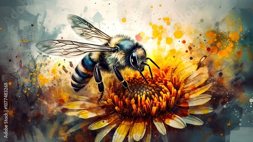 Abstract painting of a bee with vibrant flower splashes and drips