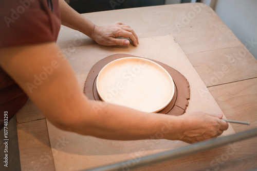 Craftswoman's hands cutting clay photo