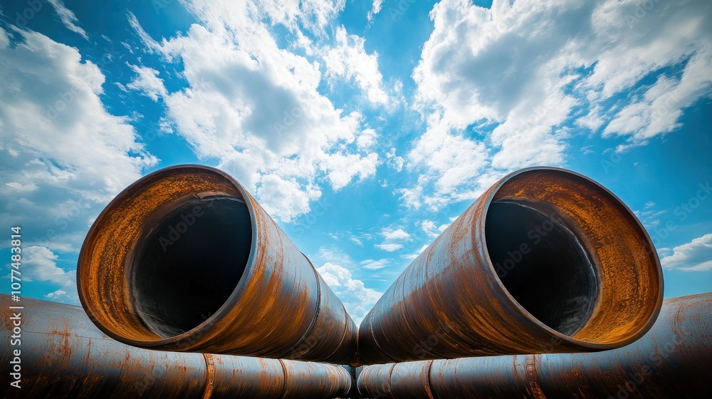 Two Large Rusty Metal Pipes Against a Cloudy Sky Two Large Rusty Metal Pipes Against a Cloudy Sky
