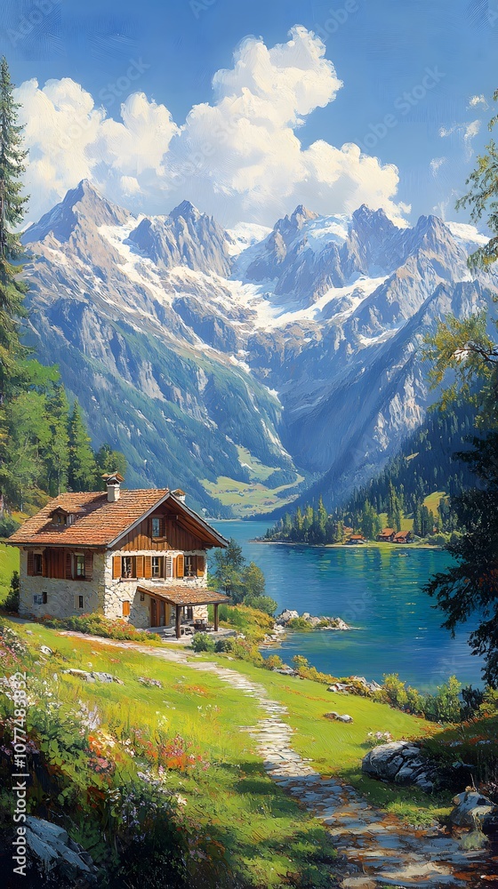 Fototapeta premium A serene lakeside scene with a cozy cabin, mountains, and lush greenery.