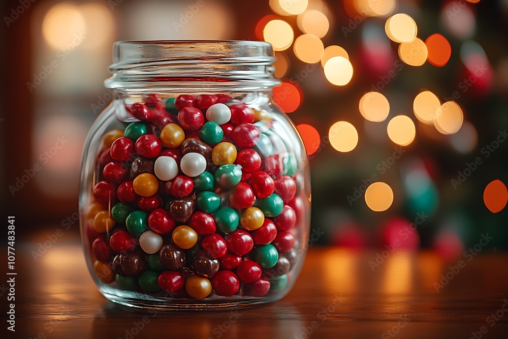 Glass jar filled with colorful Christmas candies Glass jar filled with colorful Christmas candies