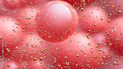 Abstract red bubbles with glittering particles in motion