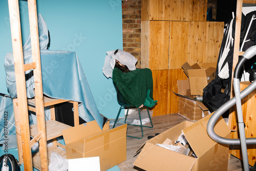 Cluttered Room with Person Under Blanket Surrounded by Boxes