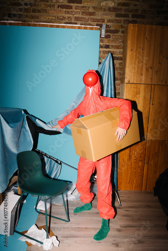 Person in Red Suit Holding Large Cardboard Box Indoors photo