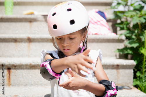 Young girl putting on elbow pads before roller blading photo