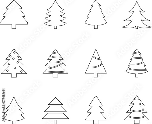 Christmas Tree simple line icons vector set. Christmas Tree with star thin line icons set. Linear fir, pine icon collection. New year holiday Simple contour xmas symbol isolated on white vector