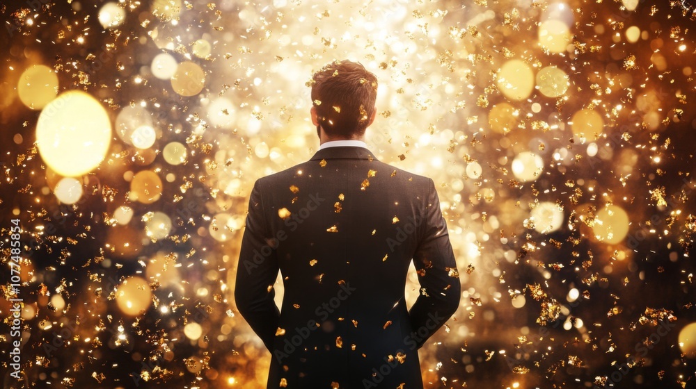 A man dressed in formal attire gazes towards an explosion of golden confetti that fills the air, creating a vibrant atmosphere at a celebratory event, possibly a party or awards ceremony. A man dressed in formal attire gazes towards an explosion of golden confetti that fills the air, creating a vibrant atmosphere at a celebratory event, possibly a party or awards ceremony.