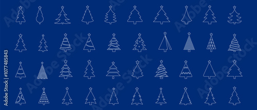 Christmas Tree simple line icons vector set. Christmas Tree with star thin line icons set. Linear fir, pine icon collection. New year holiday Simple contour xmas symbol isolated on white vector