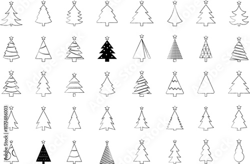 Christmas Tree simple line icons vector set. Christmas Tree with star thin line icons set. Linear fir, pine icon collection. New year holiday Simple contour xmas symbol isolated on white vector