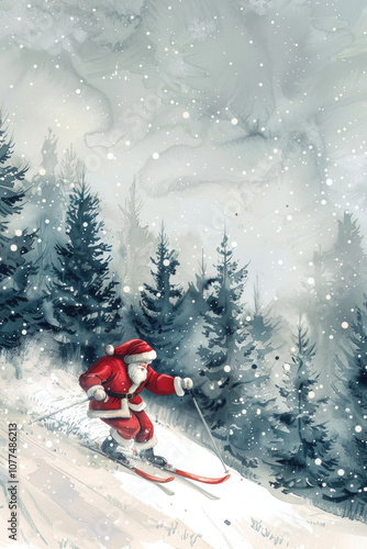 Santa skiing down a snowy slope, surrounded by snow-covered trees and a wintry landscape