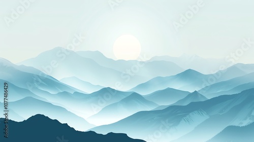 A soft, blue, hazy mountain landscape with a glowing sun above.