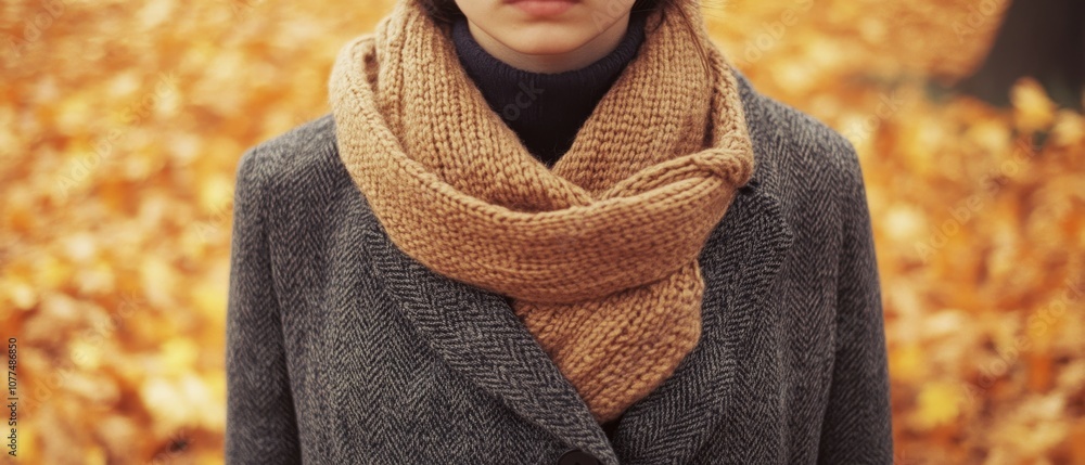Autumn leaves surround a figure in a herringbone coat and chunky scarf, capturing the cozy warmth and beauty of fall attire and seasonal transition. Autumn leaves surround a figure in a herringbone coat and chunky scarf, capturing the cozy warmth and beauty of fall attire and seasonal transition.