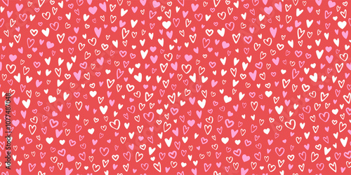 Valentine's Day seamless chaotic vector pattern, background. Hand drawn cute doodle style hearts, marker drawn different heart shapes and silhouettes. 