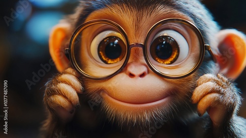 Close-up of a cute monkey wearing round glasses, looking directly at the camera with a happy expression.