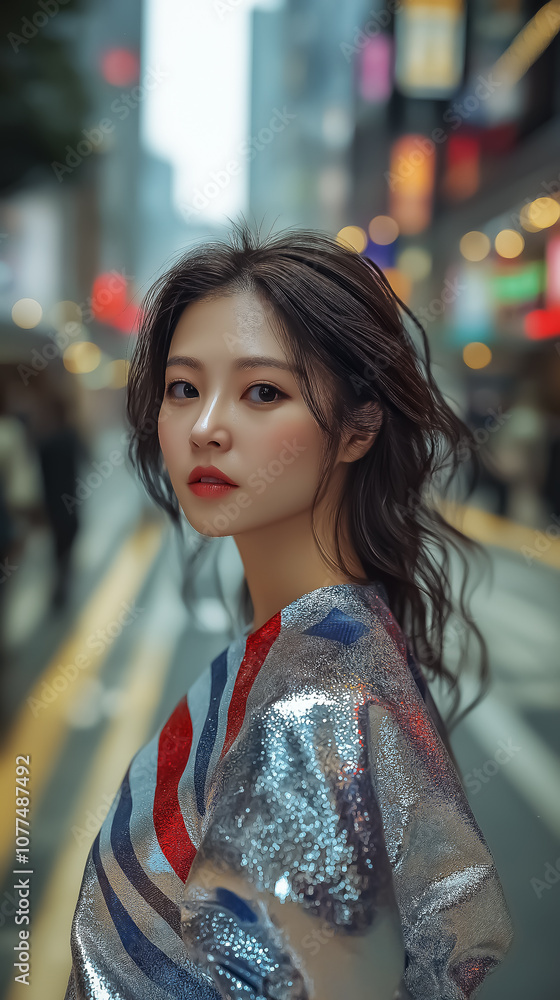 Fototapeta premium Stylish urban portrait of a model in glittering attire amidst a vibrant cityscape, perfect for wall art, posters, and fashion advertisements.