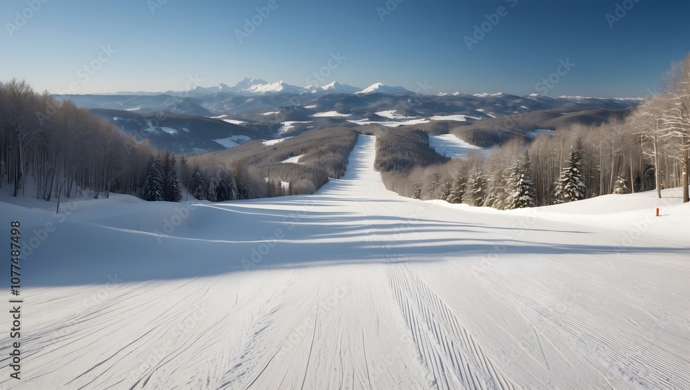 Scenic Ski Resort with Empty Snow-Covered Slope and Majestic Mountains under Bright Blue Winter Sky Scenic Ski Resort with Empty Snow-Covered Slope and Majestic Mountains under Bright Blue Winter Sky