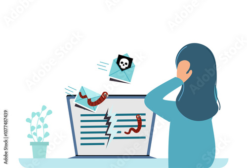 a woman can't handle malware attack. malicious email. fishing email,