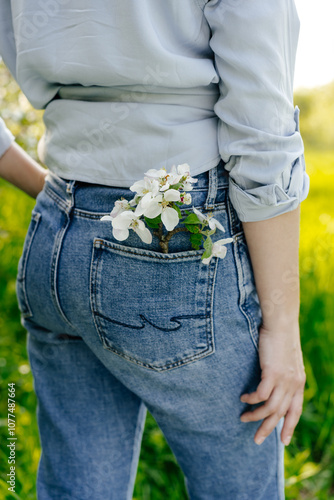 Apple blossoms in back pocket of denim jeans photo