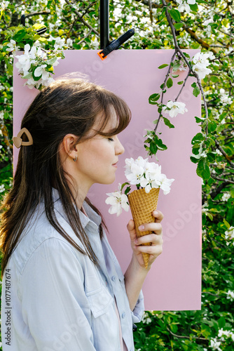 Woman holding ice cream cone filled with apple blossoms photo