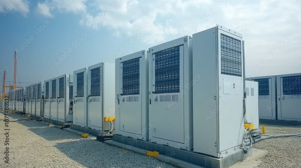 Rows of large industrial air conditioning units in an outdoor setting. Rows of large industrial air conditioning units in an outdoor setting.