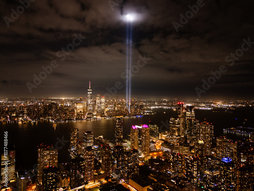 Nighttime Skyline of New York City with Tribute in Light photo