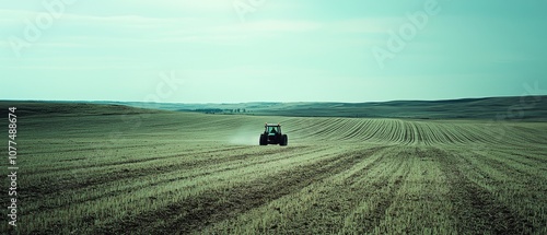 A tractor drives through expansive, tilled fields under vast skies, evoking themes of agriculture, productivity, and connection to the land. photo