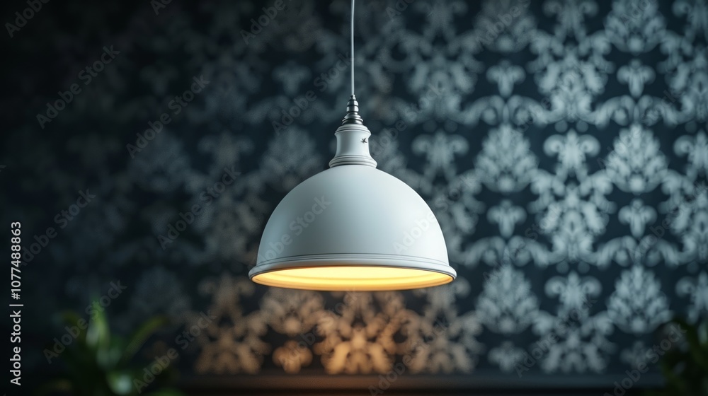Obraz premium A white pendant light with a warm glow hangs from a patterned ceiling.