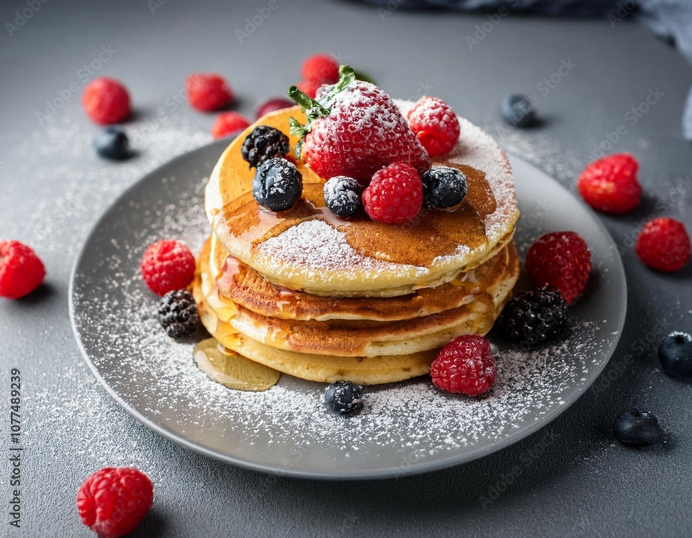 stack of pancakes with fresh berries syrup and powdered sugar on a gray plate stack of pancakes with fresh berries syrup and powdered sugar on a gray plate