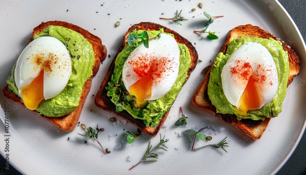 three slices of toasted bread topped with mashed avocado a poached egg and sprinkled with paprika and herbs three slices of toasted bread topped with mashed avocado a poached egg and sprinkled with paprika and herbs