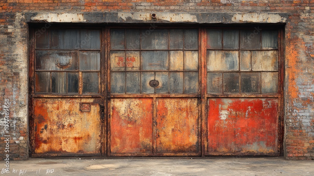 Rusted metal garage door with glass panels. Rusted metal garage door with glass panels.