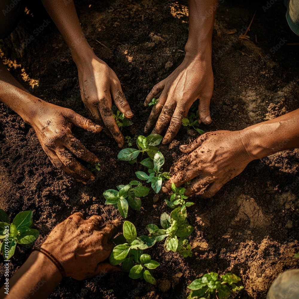 Photo of hands from diverse ethnicities planting seedlings in rich soil under natural light, a nurturing and hopeful atmosphere with sunlight Photo of hands from diverse ethnicities planting seedlings in rich soil under natural light, a nurturing and hopeful atmosphere with sunlight