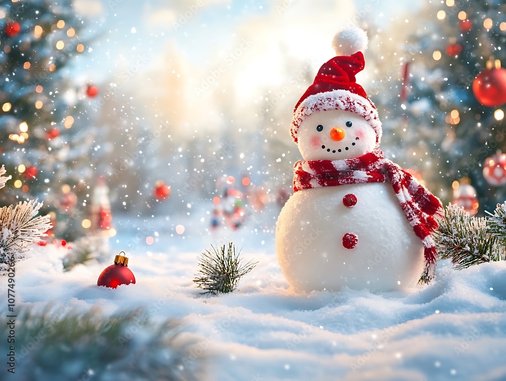 Fototapeta premium Snowman in a Red Santa Hat and Scarf Standing in a Snowy Winter Wonderland