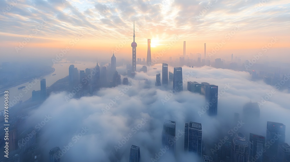 A stunning aerial view of a city skyline emerging from fog at sunrise.