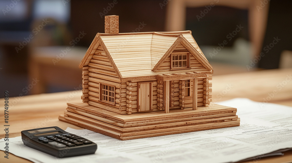 Wooden House Model with Calculator and Documents Real Estate Concept Wooden House Model with Calculator and Documents Real Estate Concept