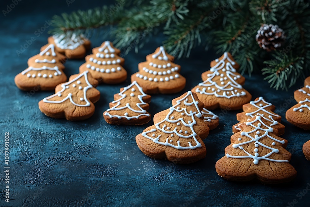 Christmas gingerbread cookies on a blue background with fir branches Christmas gingerbread cookies on a blue background with fir branches