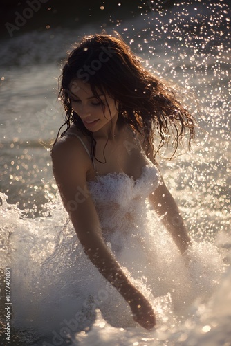 A model interacting with water be it on the beach