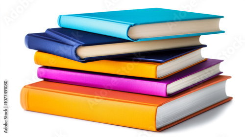 Stack of Colorful Hardback Books on White Background