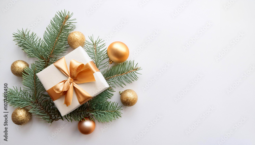 Christmas and new year background, gift box with golden bow and fir branches and golden ornaments decoration on white background, copy text space, flat lay, top view Christmas and new year background, gift box with golden bow and fir branches and golden ornaments decoration on white background, copy text space, flat lay, top view