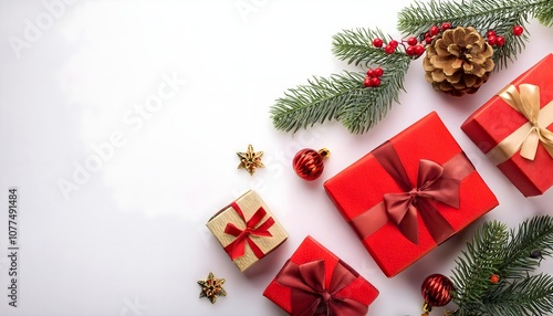 Christmas and new year background, gift boxes with fir branches and ornaments on white background, copy text space, flat lay, top view