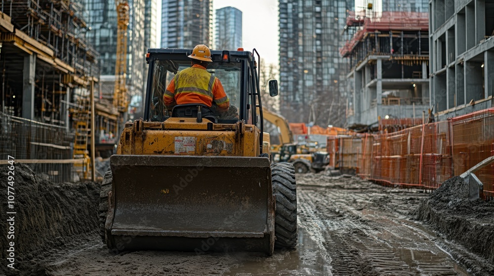 Construction Worker Driving a Yellow Excavator at a Construction Site Construction Worker Driving a Yellow Excavator at a Construction Site