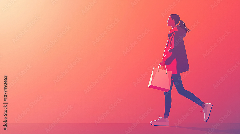 Young woman walking and holding shopping bags at sunset Young woman walking and holding shopping bags at sunset