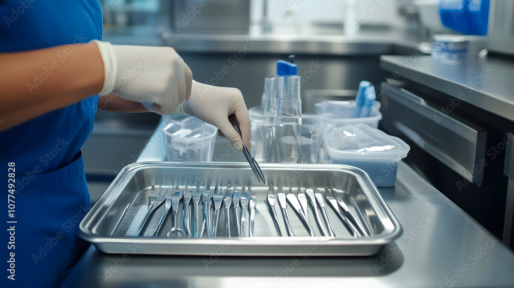 A nurse preparing instruments for a bowel resection procedure ensuring each tool is sterilized and organized on the tray. A nurse preparing instruments for a bowel resection procedure ensuring each tool is sterilized and organized on the tray.