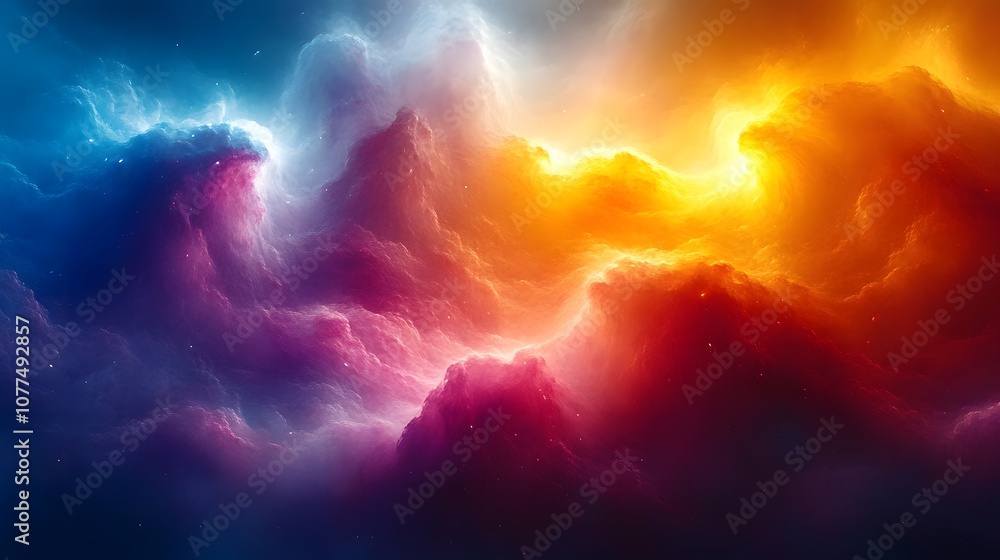 Naklejka premium A vibrant cosmic scene with swirling clouds in shades of blue, orange, and purple.