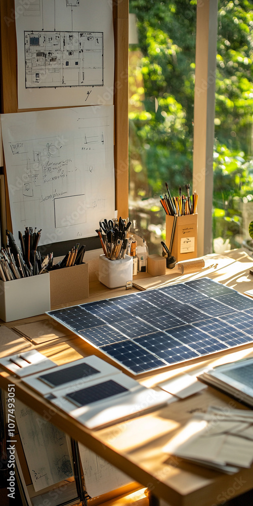 Solar Panel on Wooden Desk with Stationery and Drawings Solar Panel on Wooden Desk with Stationery and Drawings