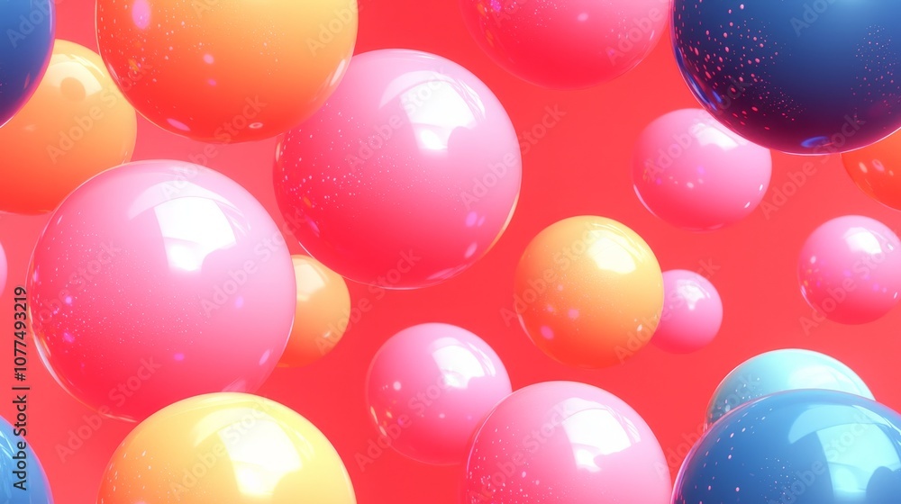 Colorful floating spheres against a vibrant red background Colorful floating spheres against a vibrant red background