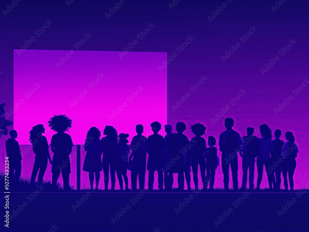 Silhouettes of people watching an outdoor screen at night Silhouettes of people watching an outdoor screen at night