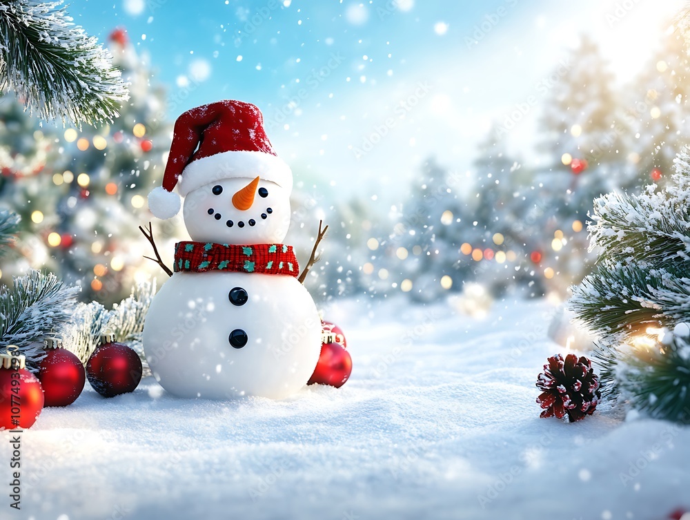 A Festive Snowman with a Red Hat and Scarf Amidst a Snowy Winter Wonderland A Festive Snowman with a Red Hat and Scarf Amidst a Snowy Winter Wonderland